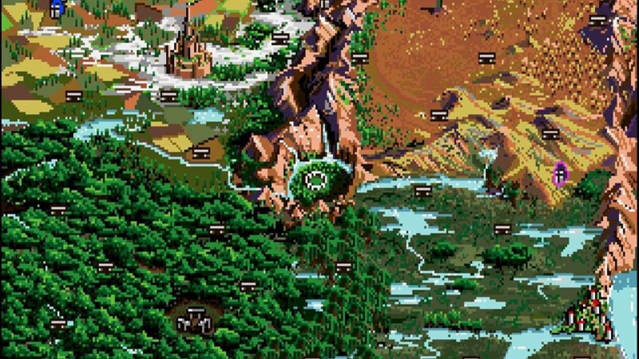 A top-down isometric view of a fantasy landscape featuring dense green forests on the left and lower portions, with brown rocky mountains and tan terrain dominating the right side. Light blue water patches and streams run through the center and edges. Small brown structures and buildings are scattered throughout the terrain. Tall dark cliff faces rise prominently on the right side, and a purple icon or marker appears in the right-center area. The pixel art uses a detailed 16-bit color palette with layered parallax scrolling creating depth in the expansive outdoor map.