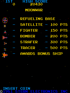 The title screen displays 'MOONWAR' in large yellow text at the top center. Below is a scoring guide listing five enemy types with point values: Refueling Base (100 pts), Satellite (100 pts), Fighter (150 pts), Bomber (200 pts), Strafer (300 pts), and Tracer (500 pts), plus an Awards Bonus Ship. Small colored pixel sprites of aircraft and ships appear on the left side of the screen. At the bottom, white text reads 'INSERT COIN' and 'STERN ELECTRONICS' against a black starfield background. A score display showing '1ST' and a high score of '20430' appears in the upper left corner.