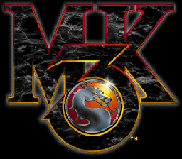 The Mortal Kombat 3 title logo dominates the center, rendered in large red and yellow outlined letters with a stone texture fill. Below the text sits a circular emblem containing a stylized orange and red dragon symbol with yellow accents and decorative gold ring borders. The entire logo is set against a black background with red stone-like texture effects framing the design. A trademark symbol appears in the lower right corner of the emblem.