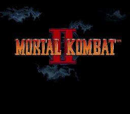 The Mortal Kombat II logo appears centered in large orange and red pixelated text with a Roman numeral II, set against a black background with blue-gray cloud effects swirling around it. The logo uses a bold, angular font style characteristic of early 1990s arcade fighting game title screens.