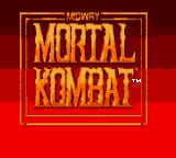 The Mortal Kombat title screen displays the game logo in large, gold-colored pixelated lettering centered on a deep red background. The logo is enclosed within a bordered rectangular frame, and the text uses a bold, angular font style typical of early 1990s arcade game graphics. The overall composition is simple and symmetrical, with the bright yellow-gold lettering standing out prominently against the dark red backdrop, creating a high-contrast visual presentation.