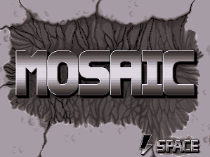 The title screen displays "MOSAIC" in large metallic silver lettering centered against a textured brown and gray background with a crumpled, organic appearance. Below the title, "SPACE" appears in smaller white text in the lower right corner, identifying the developer. The overall composition uses a muted color palette of grays, browns, and purples typical of early 1990s arcade title screens.