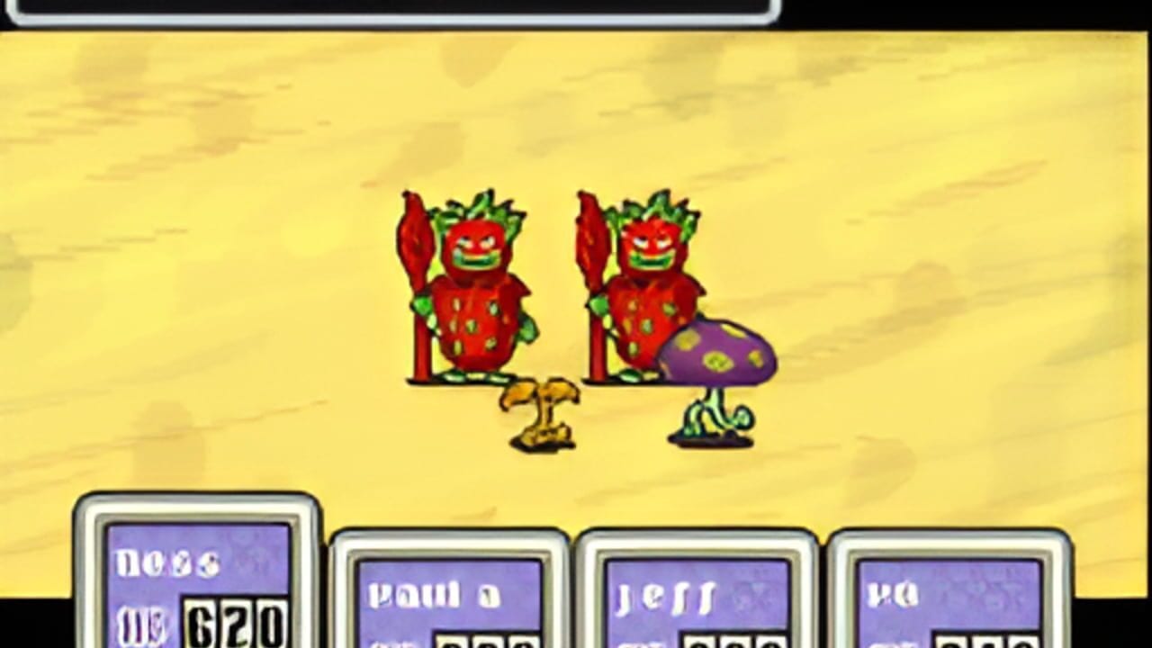 Two identical red demon-like creatures with green spiky hair stand against a yellow textured background. The left creature holds a red sword, while the right creature has a purple mushroom-shaped object at its feet. Both have yellow smiling faces with red eyes. Below, a battle UI panel displays four purple-boxed status windows with white text showing combat information and numerical values.