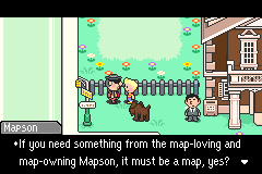 A split-screen dialog box displays at the bottom of the Game Boy Advance screen. The left side shows a pixelated character sprite, while the right side contains yellow text reading 'Boney' at the top and a question prompt below. The upper portion reveals a top-down view of a village area with a brown wooden building on the right, a picket fence, scattered NPCs rendered in small sprites, and light green grass terrain. The color palette consists primarily of muted greens, browns, and earth tones typical of GBA graphics.