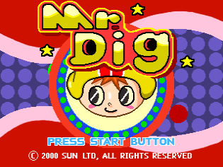 The title screen features a large yellow pixelated character head with a round face and simple eyes centered on a red background. Above the character, bold yellow letters spell "Mr. Dig" with small stars scattered around. A colorful rainbow arch curves behind the character's head, set against a purple dotted pattern. White and pink wavy shapes border the composition. At the bottom, blue text reads "PRESS START BUTTON" with a copyright notice for Sun Ltd. dated 2000.