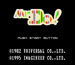 The title screen displays 'Mr. Do!' in large, colorful pixelated letters with a green, yellow, and red striped pattern against a black background. Below the logo, white text reads 'PUSH START BUTTON' centered on screen. At the bottom, two copyright lines appear in white text: '©1982 UNIVERSAL CO.,LTD.' and '©1995 IMAGINEER CO.,LTD.' The overall visual style uses low-resolution sprites typical of early SNES-era graphics with a simple color palette.
