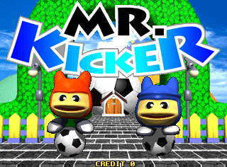 The title screen features large black lettering spelling "MR. KICKER" with blue and white outlines against a bright blue sky background. Two rounded, bee-like characters with yellow bodies and black stripes stand on a checkered pathway in the center, flanking a small brown house. Green trees with circular foliage frame the upper portion, while a yellow picket fence runs horizontally below. A soccer ball rests between the two characters. "CREDIT 0" appears in yellow text at the bottom of the screen.
