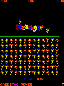 The title screen displays a black background with red text reading "UP" at the top corners and "CREDIT 1100 POWER" in red at the bottom. A blue character sprite stands in the upper-middle area alongside yellow and red enemy sprites arranged in a horizontal line. Below this scene, approximately seven rows of orange and yellow enemy sprites are densely packed in a grid formation. Green horizontal lines separate the upper action area from the enemy formation. The overall visual style uses low-resolution pixel sprites typical of early 1980s arcade games with a limited color palette of orange, yellow, blue, red, and black.