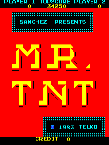 The title screen displays large pixelated yellow letters spelling 'MR TNT' centered against a bright red background. Above the title, a score panel shows 'PLAYER 1 TOPSCORE PLAYER 2' with numerical values. Below the title sits a cyan dotted rectangular box containing 'SMUCEE PRESENTS' in blue text. At the bottom, another cyan dotted box displays '1983 TELKO' in blue, with 'CREDIT 0' in yellow text beneath it. The entire design uses a simple pixel art style typical of early 1980s arcade machines.