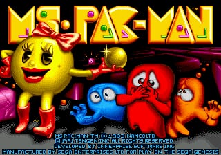 The title screen displays "MS. PAC-MAN" in large yellow and orange letters at the top. Below the logo, Ms. Pac-Man appears as a yellow circular character with a red bow on the left side, surrounded by four colorful ghosts: a blue ghost, a red ghost, a pink ghost, and an orange ghost. The ghosts are positioned to the right and below Ms. Pac-Man against a dark background. Small text appears at the bottom of the screen with copyright and credits information in white and gray text.