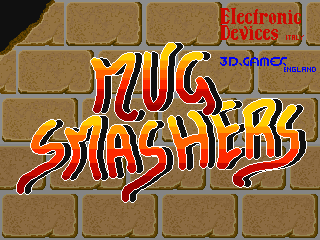 The title screen displays 'MUG SMASHERS' in large red and yellow pixelated lettering centered on a tan brick wall background. In the top-right corner, red text reads 'Electronic Devices' with smaller text below identifying '3D Games' and 'England'. A blue label in the upper-left corner shows '3D.Games'. The brick pattern is uniform and repetitive, creating a simple backdrop for the bold title graphics rendered in a typical early-1990s arcade sprite style.