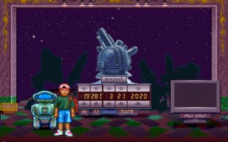 A pixel-art scene shows a character and a blue robot standing on green grass in the foreground, facing a nighttime cityscape with a silhouetted building skyline. A large ornate telescope or observatory dome is centered in the background against a starry purple sky. At the bottom of the screen, a date display reads "12:30 3 31 2020" in a beige information panel. The right side features a small television monitor. The entire scene is framed with a decorative border in brown and gold tones, typical of early 1990s DOS-era graphics.