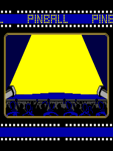 A blue horizontal bar spans the top of the screen displaying white pixelated text reading "PINBALL" and "GAME". Below sits a bordered game area with a large yellow trapezoid shape centered on a dark blue background, representing a pinball table viewed from above. The bottom edge features a black jagged line suggesting bumpers or flippers. A black border with rounded corners frames the entire play field. The overall composition uses a limited palette of yellow, blue, black, and white typical of 1980s arcade graphics.
