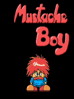 The title screen displays "Mustache Boy" in large red letters at the top against a black background. Below the text sits a pixel-art character sprite with a distinctive large red mustache and matching red spiky hair, wearing yellow and brown clothing. The character has a simple, blocky construction typical of 1987 arcade sprite work, with solid color fills and visible pixelation. The overall composition is centered vertically with ample black space surrounding the elements.