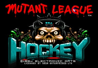 The title screen displays 'MUTANT LEAGUE HOCKEY' in red dripping letters at the top, with a large demonic skull face wearing a hockey helmet centered in the middle. Below the skull, the word 'HOCKEY' appears in cyan metallic text. Green foliage and branches frame both sides of the skull. At the bottom, white text reads 'SEGA' and 'MEGADRIVE' along with additional copyright information. The background is solid black, and the overall color palette uses red, cyan, and green against dark tones in a typical Sega Genesis resolution style.