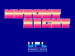 A title screen displays "MUTANT NIGHT" in large gradient-filled pink and orange letters across the center against a solid dark blue background. Below it, the text "UPL" appears in cyan pixelated characters with a black outlined box labeled "CLUMSY LIMITED" underneath. The entire composition uses simple pixel art typography typical of late-1980s arcade hardware.