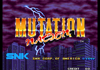 The title screen displays 'MUTATION NATION' in large orange and yellow lettering across the center, with a blue lightning bolt striking through the text. Below sits a cityscape silhouette in dark purple with tall buildings against a stormy purple sky. SNK's logo appears in blue text at bottom left, followed by 'SNK CORP. OF AMERICA' and '1992'. A credit counter reading '00' is positioned in the bottom right corner.