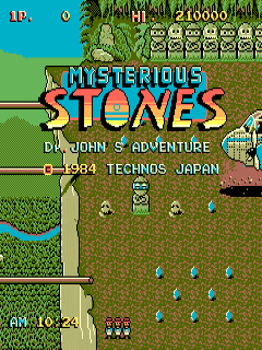 The title screen displays 'MYSTERIOUS STONES - DR. JOHN'S ADVENTURE' in large blue letters centered on the screen. Above the title, a score display reads '10' on the left and '210000' on the right, with four small character sprites arranged horizontally in the upper-middle area. The background shows a top-down view of a garden or outdoor area with green grass, brown dirt paths, blue water elements, and scattered light blue drops or items. At the bottom, white text credits read 'BY JOHN'S ADVENTURE © 1984 TECHNOS JAPAN' with a small door or structure visible on the left side. The overall palette uses bright greens, blues, and browns typical of early 1980s arcade graphics.
