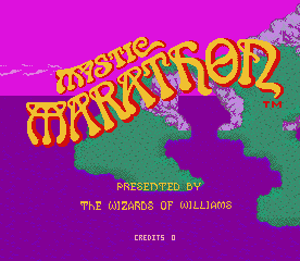 The title screen displays 'MYSTIC MARATHON' in large yellow and orange pixelated letters across the center, tilted diagonally upward to the right. Below the title, green pixel-art mountain or forest terrain shapes fill the lower half against a bright magenta background. Text reading 'PRESENTED BY' and 'THE WIZARDS OF WILLIAMS' appears in yellow and orange font in the middle-lower area. The color palette consists of magenta, yellow, orange, and green with clear sprite-based pixel art typical of early 1980s arcade graphics.