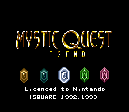 The title screen displays 'MYSTIC QUEST LEGEND' in gold serif lettering centered at the top. Below the title text sit five small diamond-shaped icons in a row, each containing a colored crystal gem: light blue, cyan, white, green, and pink. White text at the bottom reads 'Licensed to Nintendo ©SQUARE 1992,1993'. The background is solid black, with the entire composition rendered in a typical 16-bit SNES pixel art style.