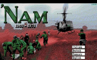 The title screen displays "NAM 1965-1975" in large green text at the top. Below is a composite image showing soldiers in green uniforms on the left side and a military helicopter in flight on the right, set against a red-tinted background. A vertical menu with white text appears on the right side listing game options. The overall color palette uses greens, reds, and earth tones typical of DOS-era graphics with visible pixelation.