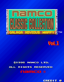 The title screen displays a large turquoise and orange Namco logo at the top, followed by "CLASSIC COLLECTION" text in bold red letters. Below are four game titles listed in white: Galaga, Xevious, and Mappy. The text "Vol.1" appears in red in the upper right. At the bottom, copyright information reads "© 1995 NAMCO LTD. ALL RIGHTS RESERVED" in white, with "NAMCO" highlighted in red. The background is solid blue, and the overall layout uses a simple arcade-style presentation typical of mid-1990s arcade compilations.