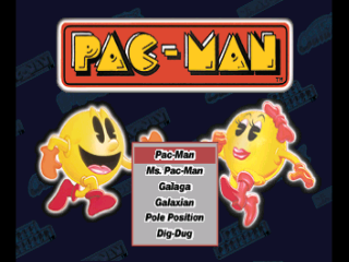 The Pac-Man title logo in yellow and red dominates the upper portion against a dark background. Two pixelated Pac-Man character sprites appear on either side in yellow, orange, and red colors with animated mouth positions. A centered menu box lists game titles including Pac-Man, Ms. Pac-Man, Galaga, Galaxian, Pole Position, and Dig Dug in white text on a dark background. The overall layout presents a collection menu interface typical of arcade compilation software.