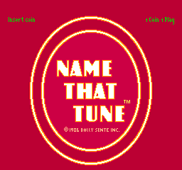 A bright red background dominates the screen with the title "NAME THAT TUNE" centered in white capital letters inside a large oval frame made of yellow concentric lines. Green text reading "INSERT COIN" appears in the upper left, while "PUSH PLAY" is visible in the upper right. At the bottom of the oval sits small gray text crediting "©1986 BALLY SENTE INC." The overall layout is simple and symmetrical, typical of arcade title screens from the mid-1980s.