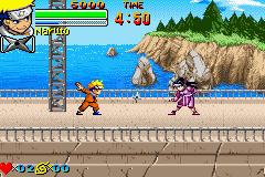 Two chibi-style characters face each other on a stone platform overlooking a coastal beach scene with rocky cliffs and pine trees. The left character wears an orange and black outfit, while the right character wears purple. A health bar and timer displaying 1:50 appear at the top, with score counters and character portraits in the bottom-left corner. The background uses parallax scrolling with layered ocean, sky, and distant cliffs rendered in 8-bit color palette typical of Game Boy Advance sprite-based fighters.