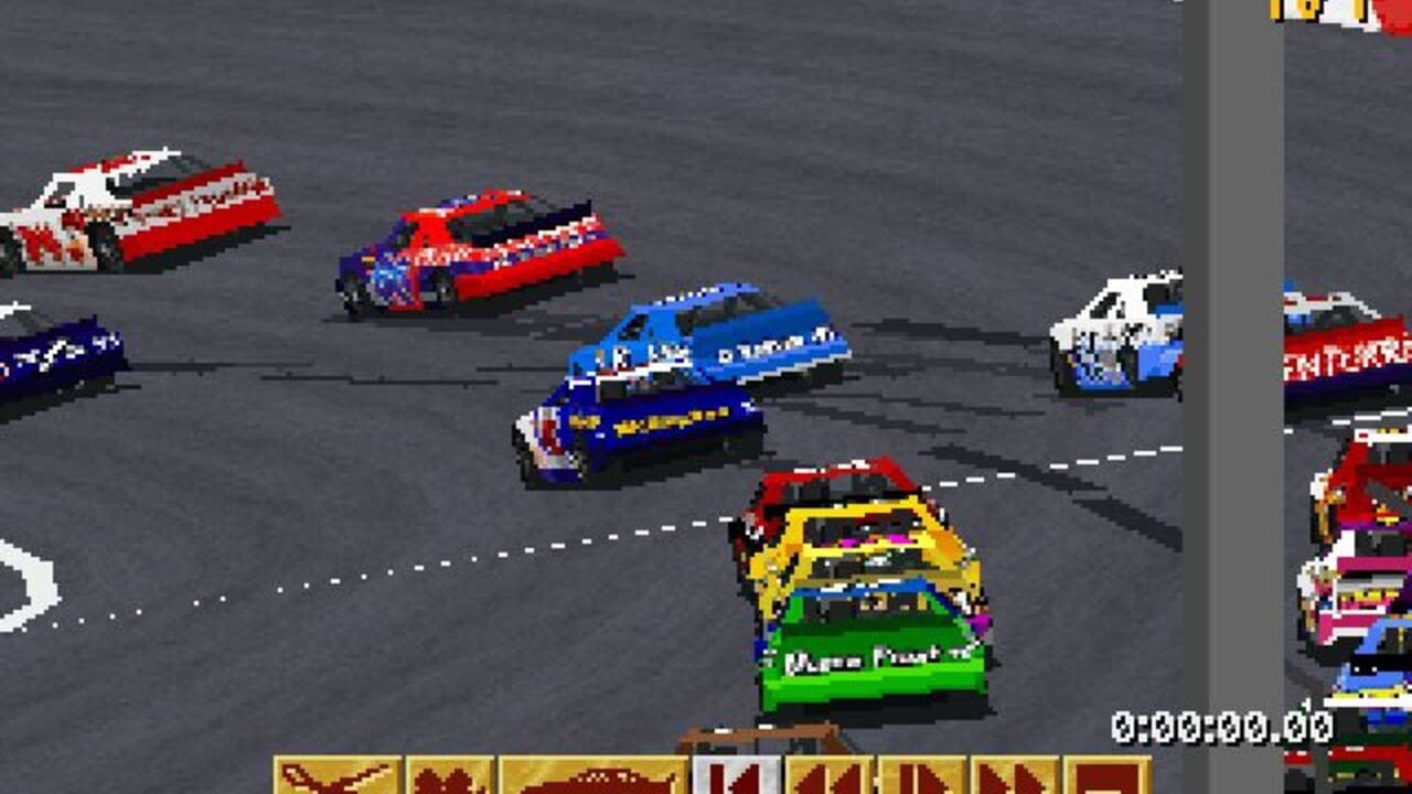 A top-down view of a pixelated racing game shows multiple stock cars positioned on an asphalt track with white dashed lane markings. The foreground features a green car with white text, surrounded by vehicles in red, blue, yellow, and purple with varying liveries. Additional cars line the right edge and background. A game UI panel with yellow and red buttons spans the bottom, and a timer reading 0:00:00.00 appears in the white text upper right. The low-resolution sprites and overhead perspective are characteristic of 1990s DOS racing simulation graphics.