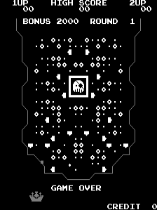 A black screen displays scattered white dots forming a game board pattern, with a centered rectangular structure containing a small house icon. The top shows "1UP HIGH SCORE 2UP" and "BONUS 2000 ROUND 1" text. Large white letters reading "GAME OVER" appear at the bottom, with a small crown symbol in the lower left corner and the word "CREDIT" in the lower right. The overall visual style uses monochrome pixel graphics typical of early 1980s arcade hardware.