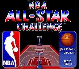 The NBA All-Star Challenge title screen displays the game logo in large blue and red pixelated lettering at the top center, with the NBA shield emblem positioned below left. A red basketball court diagram occupies the center, with a crosshair cursor at midcourt. The right side shows game mode options: "1 PLAYER" and "2 PLAYER" text with a basketball graphic, followed by "PRESS START" instruction below. The background is solid black, emphasizing the bright neon-style colors of the court and text elements typical of early 1990s SNES graphics.