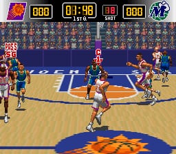 A basketball court viewed from above displays two teams of pixelated players in a 16-bit sprite style. The orange and blue court features the team logo at center, with players positioned across the hardwood during active play. The scoreboard spans the top of the screen, showing game time 01:48, score 100 for both teams, and possession indicator. A row of player portraits lines the upper border in a darker navy strip. The wooden court texture and arena walls use warm orange and cool blue colors typical of SNES sports games.