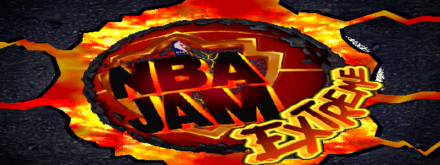 A fiery logo design dominates the center with "NBA JAM" in large black letters surrounded by explosive orange, red, and yellow flame effects against a dark textured background. Yellow text reading "EXTREME" appears to the right of the main logo, also framed by flames. The overall composition uses a dynamic, angular fire-burst pattern radiating outward from the central text, creating a high-energy arcade game title screen aesthetic with a hot color palette of reds, oranges, and yellows contrasting sharply with the dark background.