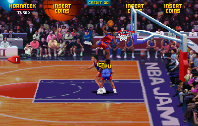 A basketball player in yellow and purple performs an elevated dunk at center court while defenders in red watch from below. The arcade cabinet's UI displays "HARDNACK" and "INSERT COINS" prompts at the top, with "CREDIT 00" visible. A crowd of digitized spectators fills the arena seats in the background, rendered in low-resolution pixel art. The wooden court floor and purple team logo mat are clearly visible, along with a basketball hoop and net in the upper right. The scene captures mid-gameplay action with the 16-bit sprite graphics typical of early 1990s arcade hardware.