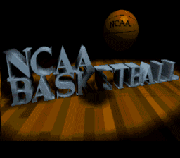 The NCAA Basketball title screen displays large blue pixelated letters spelling "NCAA BASKETBALL" across the center of a wooden court background with orange and brown striped planks. A brown basketball with white panel lines sits above the text in the upper portion of the screen against a black background. The court perspective creates a vanishing point effect toward the bottom of the image, emphasizing the three-dimensional space of the arena floor.