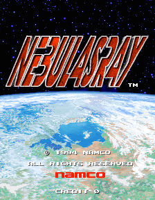 The title screen features a large red and orange "NEBULAS RAY" logo at the top with a trademark symbol. Below it sits an Earth view showing blue oceans and white clouds against a starfield background. Red text reads "© 1994 NAMCO" and "ALL RIGHTS RESERVED" with the Namco logo in white. Additional copyright text appears at the bottom in red and white lettering against the black space background.