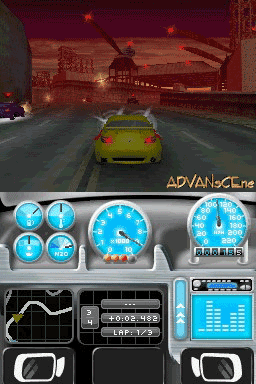 A yellow sports car drives toward the camera on a dark asphalt road in an urban nighttime environment with red-tinted industrial buildings and cranes visible in the hazy background. The bottom half displays a racing HUD with four circular gauges in the upper section showing engine metrics and speed, a large central speedometer with blue styling, a minimap in the middle-left corner, and various UI panels including a gear indicator and performance readout. Small car silhouettes appear on the left edge of the road. The visual style uses low-resolution 3D graphics typical of Nintendo DS hardware with a warm orange-red color grade throughout the scene.