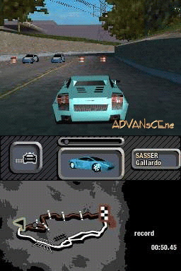 A light blue police car occupies the center of the screen on an asphalt race track with traffic cones and other vehicles ahead. The HUD displays a minimap in the lower left, the car name "PASSER Gallardo" in the upper right, and a race track overview map with a timer reading 00:50.45 in the lower portion. Three UI buttons appear at the bottom left corner. Trees and a stadium structure are visible in the background under a blue sky. The graphics use the low-polygon style characteristic of Nintendo DS racing games with a limited color palette.