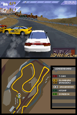 Split-screen view of a racing game on Nintendo DS showing the upper screen with two cars racing on a brown desert-terrain track, one white sedan in the foreground and a yellow vehicle ahead, with buildings visible in the distance and a time display in the top-left corner. The lower screen displays a top-down circuit map with yellow and white track lines, a leaderboard panel on the right showing driver rankings, and small green player position indicators on the track layout.