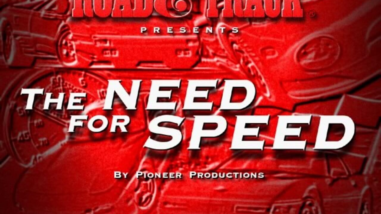 A title screen displays 'The Need for Speed' in large white letters centered on a bright red background. Above it reads 'Road & Track Presents' with the EA and Road & Track logos at the top. Below the main title text appears 'By Pioneer Productions' in smaller white text. The background features a repeating pattern of car silhouettes and speedometer gauges in darker red tones, creating a racing-themed texture across the entire screen.