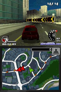 A split-screen view from an NDS racing game showing a dark red car driving through an urban street with tall buildings and black-and-yellow striped barriers ahead. The top screen displays the 3D road view at 4/4 mission progress, with a speedometer reading 57 MPH and cash counter at 0894.23. The bottom screen shows a top-down map with a green highlighted route winding through city streets, marked by a red player position indicator and white road lines against a dark background with green park areas visible.