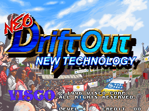 The title screen displays 'NEO DriftOut' in large blue and red stylized letters against a cloudy sky background. Below the title, 'NEW TECHNOLOGY' appears in smaller blue text. A blue race car is positioned in the upper-right portion of the screen. The lower section shows a crowd of spectators in the background. At the bottom, white text reads '1996 VISCO CORP ALL RIGHTS RESERVED' along with 'PUSH START BUTTON' in red text. The visual style uses bright, saturated colors with 2D sprite-based graphics typical of mid-1990s arcade games.