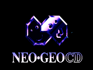 The Neo Geo CD title screen displays a stylized blue and purple logo featuring two interlocking octagonal shapes with circular accents, rendered in neon-style outlines against a black background. Below the geometric emblem, the text "NEO·GEO(CD)" appears in white capital letters, with the circular bullet separators and parenthetical "CD" designation clearly visible. The overall design uses a limited color palette of blue, purple, and white on black, characteristic of early-to-mid 1990s arcade system branding.
