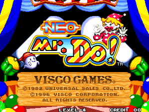 The title screen features the "Neo Mr. Do!" logo in large yellow and orange lettering centered on a black background, with a cartoon character wearing a red and white outfit visible in the upper right. Two green Pac-Man-like figures flank the sides of the screen. Below the logo sits a brown wooden plaque displaying "VISCO GAMES" and copyright information for Universal Sales Co., Ltd. and Visco, dated 1992-1996. A credit meter showing "00" appears in the bottom right corner. The border features blue and yellow vertical stripes.