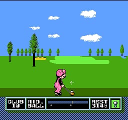 A golfer in pink stands on a bright green fairway under a blue sky with white clouds and scattered trees along the horizon. The player character faces right, with a golf ball visible nearby. The UI bar at the bottom displays course information and player stats in a horizontal layout with segmented sections. The foreground shows pixelated grass with simple sprite-based character and environmental assets typical of NES-era graphics.