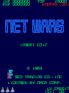 The title screen displays "NET WARS" in large neon-blue outlined lettering at center. Above it, a score panel shows player and enemy values in green text at the top. Below the title, "INSERT COIN" appears in green text. At the bottom, copyright information reads "© 1983 / SCO TRADING CO., INC. / LICENSED BY DACA CORP." in green, with "BY ORCA" in the lower right. Three small triangle-shaped sprites in cyan, magenta, and yellow sit in the bottom left corner against a dark navy-blue background.
