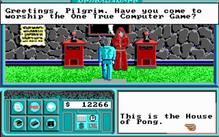A pixelated DOS-era game screen displays a top-down view of a character in blue standing on green grass in front of two red buildings set against a gray brick wall background. The upper panel shows a yellow text box with gameplay instructions. The lower interface contains a teal-colored inventory grid on the left with nine circular icons, a central display showing the number 12266, and a white text area on the right reading 'This is the House of Pong.' with a small icon. White text at the very top reads 'Greetings, Pilgrim. Have you come to worship? The Net is waiting...'
