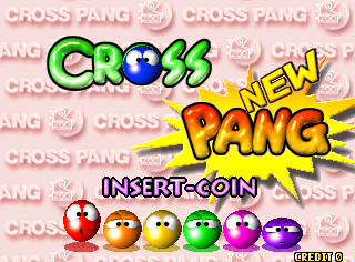 The title screen displays "CROSS" in green letters with a blue globe icon, followed by "PANG" in large yellow letters with a comic-style burst effect. Below sits "INSERT-COIN" text, and six colored spheres are arranged in a row at the bottom: red, orange, yellow, green, magenta, and purple. A light pink background with repeated "CROSS PANG" watermark text fills the frame, typical of early 1990s arcade aesthetics with 2D sprite-based graphics.