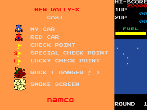 The New Rally-X arcade title screen displays a legend key on the left side in orange text, listing game symbols: a red car, checkpoints, special checkpoint, lucky checkpoint, rock/danger indicator, and smoke screen, each accompanied by small pixel sprites. The right side shows a blue game field preview with scattered dots and a score panel at top displaying "HI-SCORE", "1UP", "2UP", and "FUEL" readouts. The Namco logo appears in orange at bottom left, with "ROUND 1" visible in the lower right corner. The background is black with orange and yellow text elements.